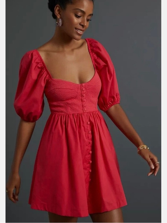 Anthropologie Dresses & Skirts - Maeve Anthropologie Cotton Blend Red Puff-Sleeve Button-Front Dress Size XXS